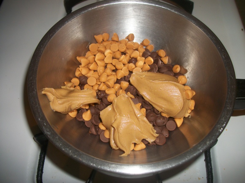 Melt the chocolate and butterscotch chips along with some spoonfuls of peanut butter.