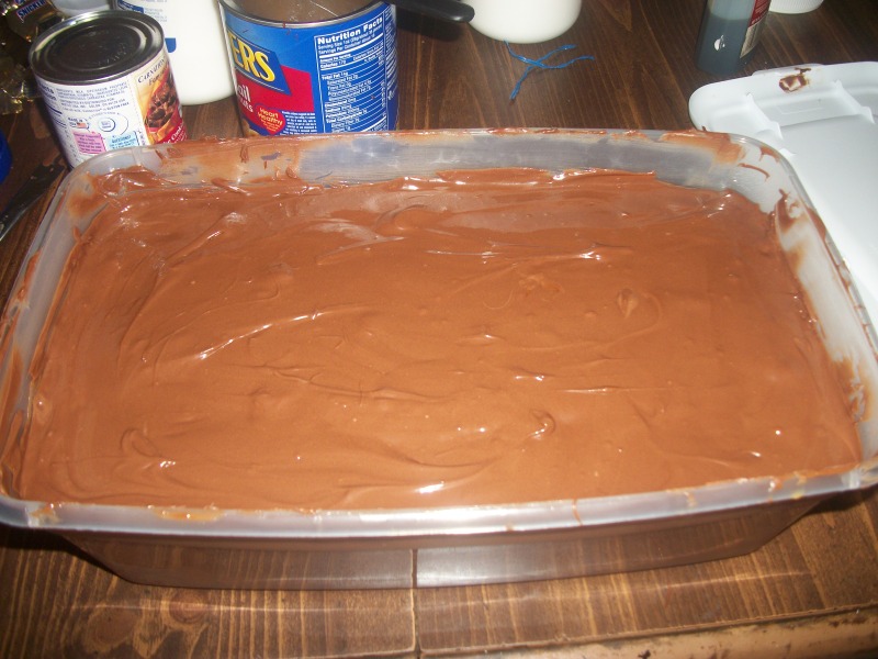 Awesome! You're almost there. Now just add the base chocolate layer. It should be an extra thick chocolate foundation to support the heart stopping 15 pound 400billion calorie chocolate death machine!