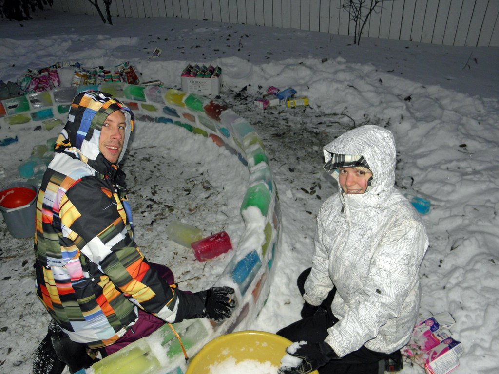 All bundled up, working diligently on their creation.