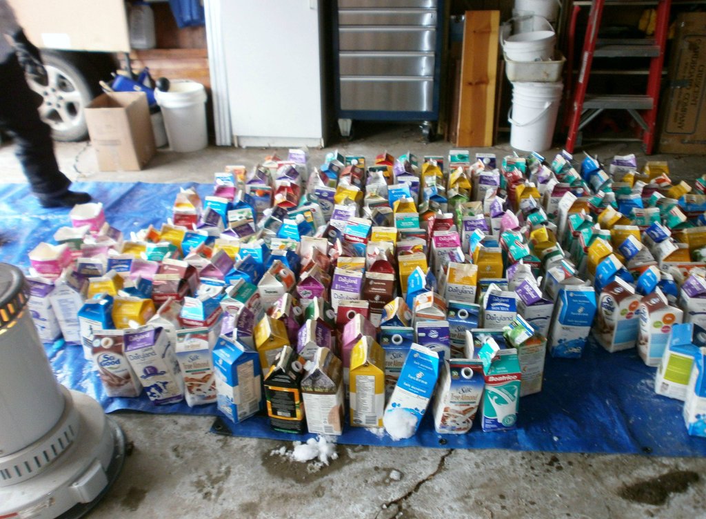 All of the colorful milk cartons used in preparation.