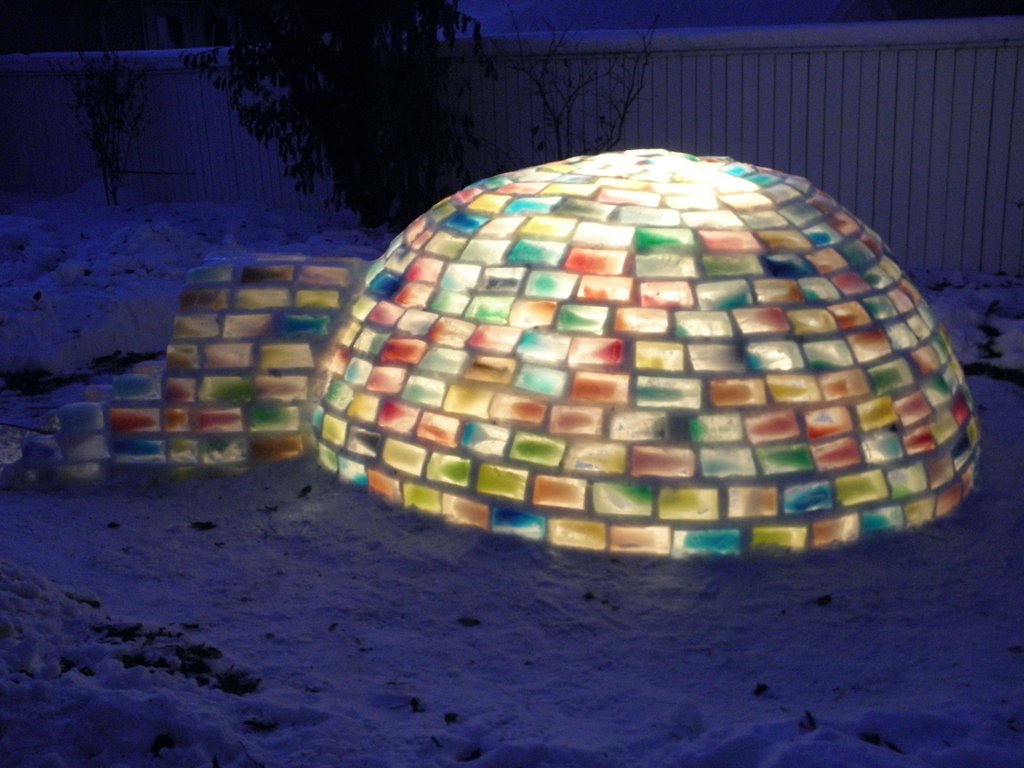 And at last, the incredible multi-colored igloo built from snow and milk carton blocks.