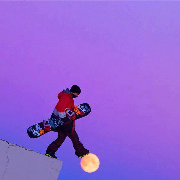 snowboarder walking on moon perfect timing