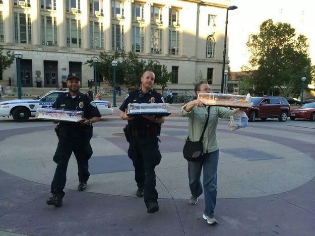 This picture of two cops bringing cake to newlyweds after Wisconsin's ban on same-sex marriage was found unconstitutional: