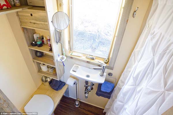 The bathroom is small but functional. The tiny sink doesn't take up much space, nor does the shower.