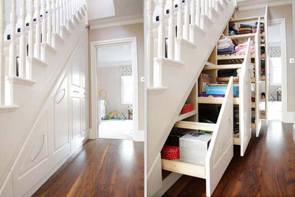 20.) Use all of that extra space under the stairs as storage.