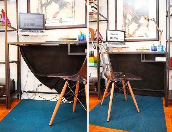 4.) Use a desk curtain to hide messy cords.