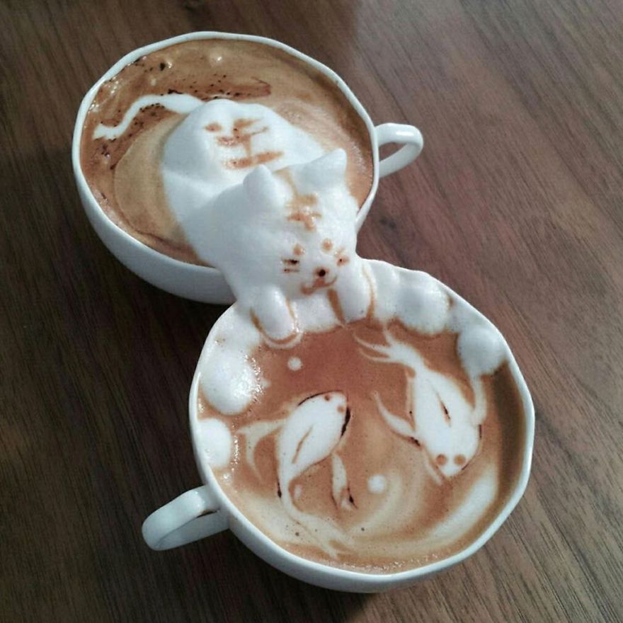 Kitty Chasing Fish Latte Art By Kazuki Yamamoto