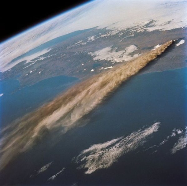 14. A volcanic eruption as seen from space.