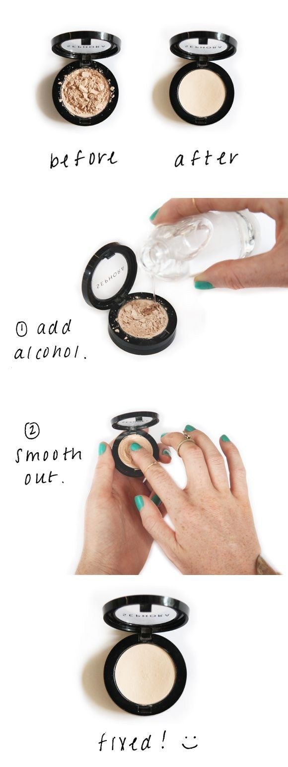 If your powder makeup cracks, you can save it with rubbing alcohol.