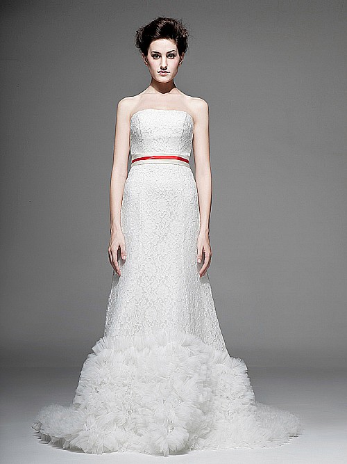 Strapless-Lace-Wedding-Dress-with-Tulle-Hem-and-Contrasting-Sash
