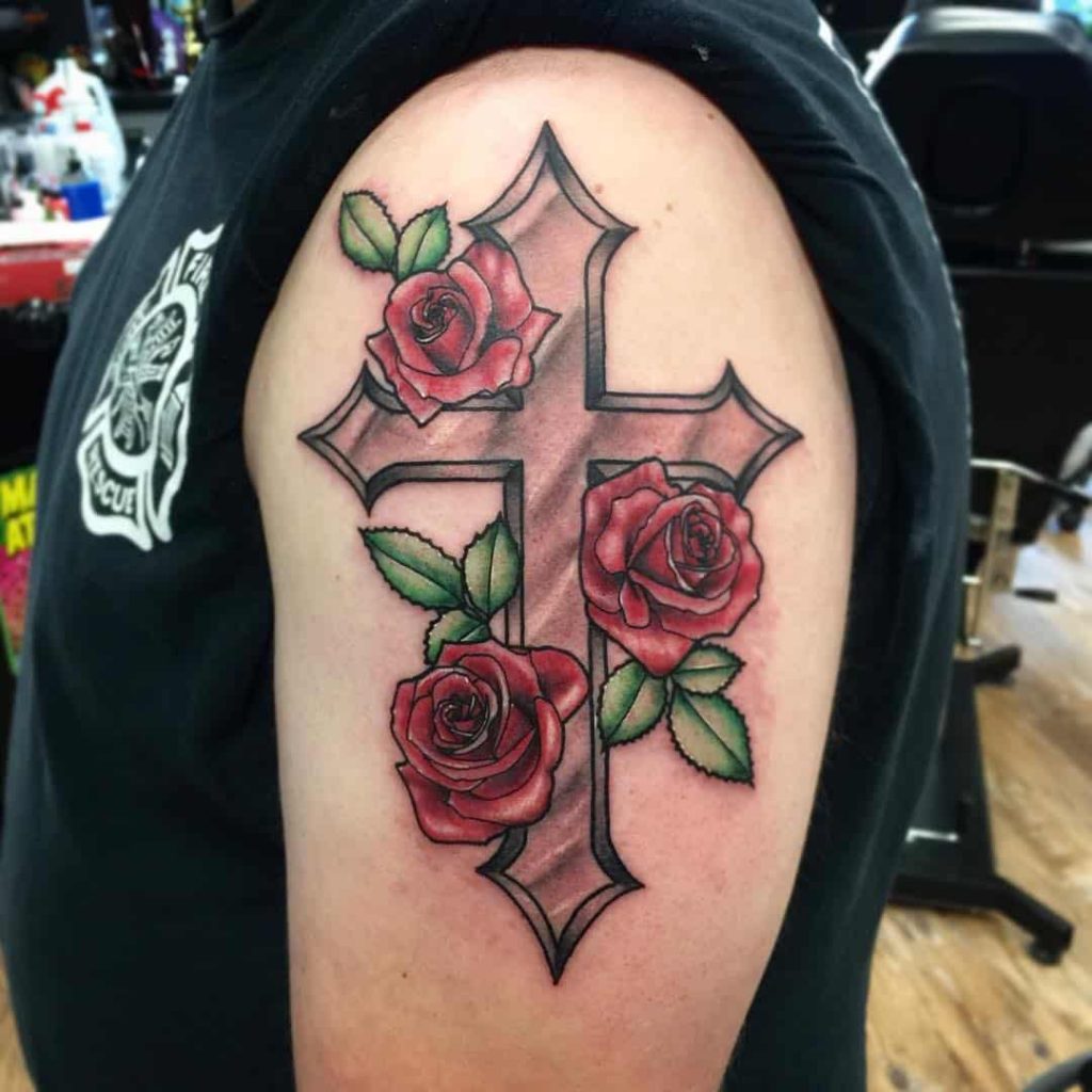 cross with rose tattoo for men