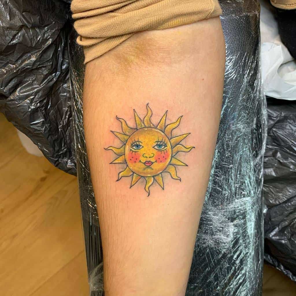 25 Best Sun Tattoo Designs For Women LaptrinhX   7.Yellow.Sun Tattoo.women  