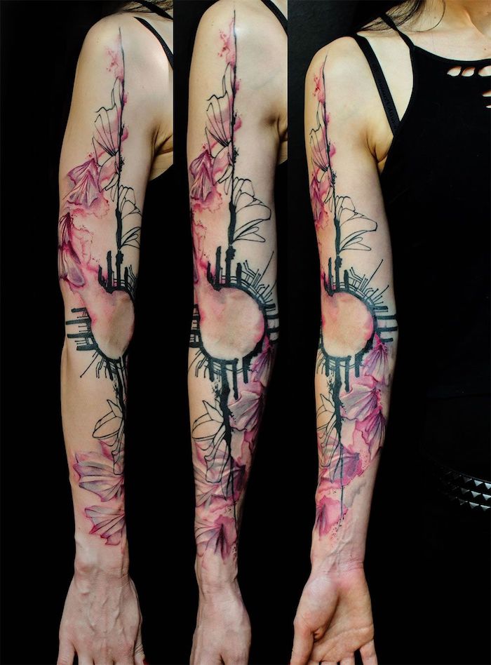 30 Amazing Sleeve Tattoos For Women In 2022 - 3. Abstract Sleeve Tattoo