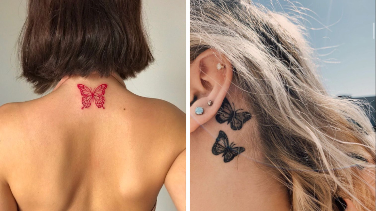 Black  Orange Butterfly Tattoo Ideas For NeckButterfly Tattoo Ideas