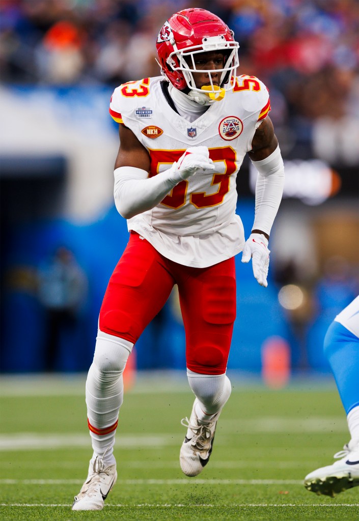 BJ Thompson of the Chiefs in action against the Chargers on Jan. 7, 2024.