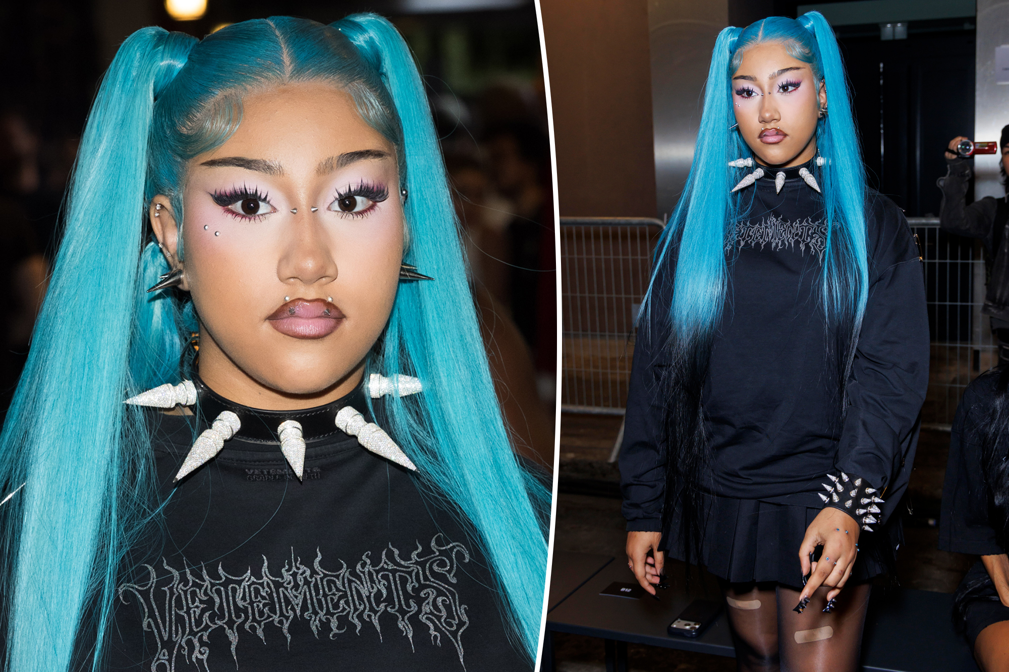 North West at Vetements show wearing black outfit and signature blue hair