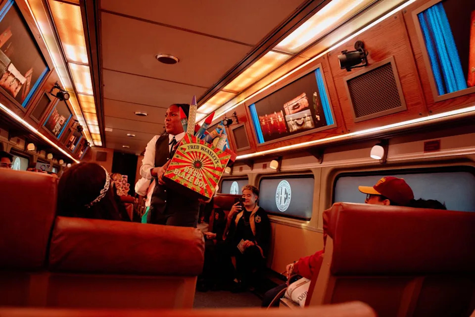 The Hogwarts Express train attraction in Perris with cast members in costume.