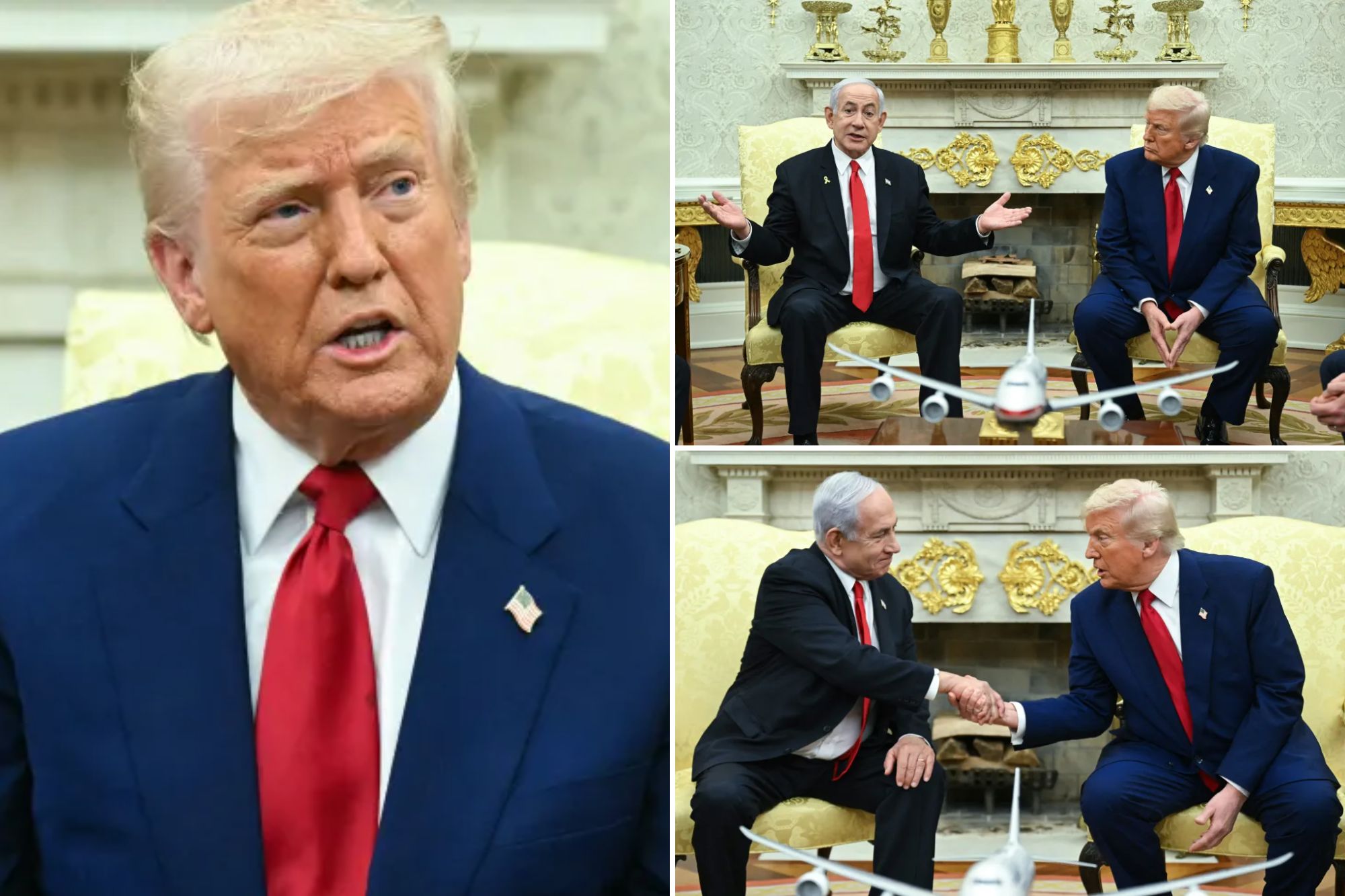 Trump and Netanyahu shaking hands in the Oval Office, both leaders side by side