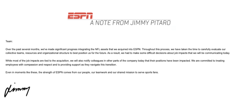 ESPN starts layoffs tied to NFL Network acquisition, memo says