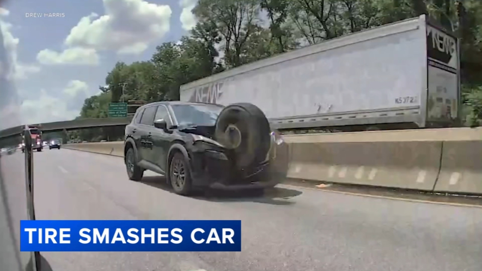 Loose tire flies across Philadelphia highway, pulverizes front end of SUV: wild dashcam