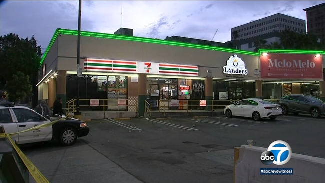 The scene outside the 7-Eleven on 6th Street and Alexandria Avenue in Koreatown where the stabbing occurred.