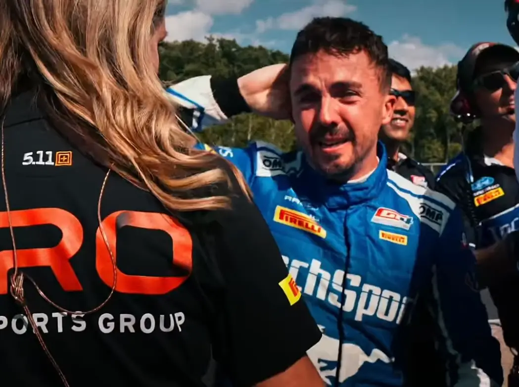 Frankie Muniz tears up in emotional interview after winning GT4 America race