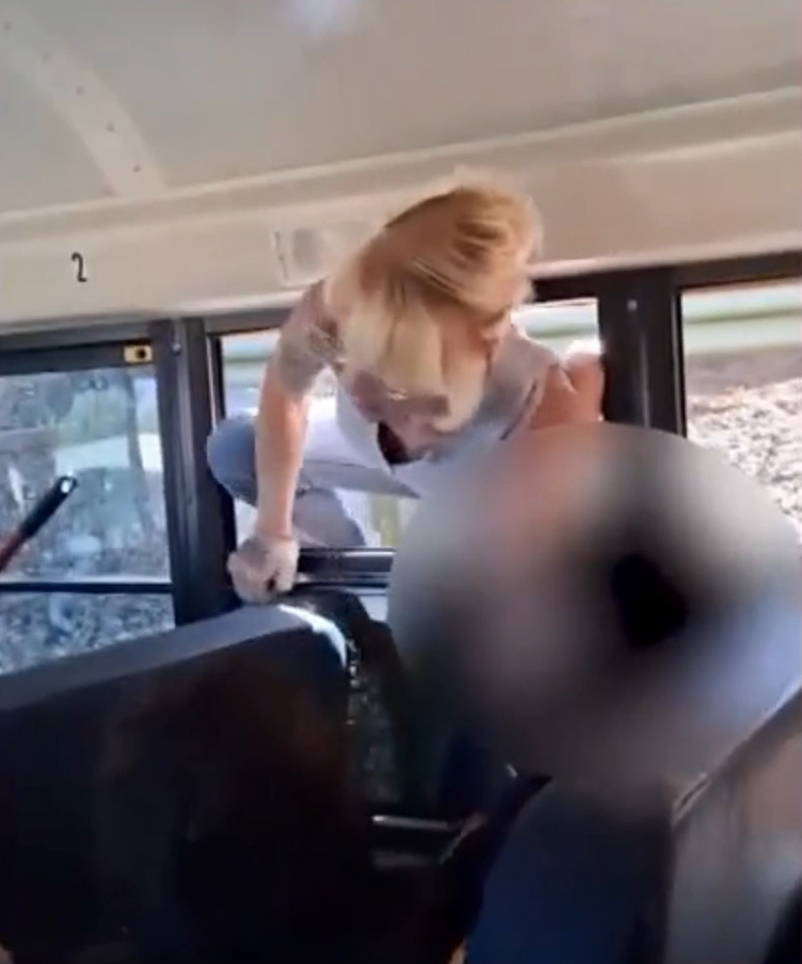 Mayhem on California school bus as parents smash inside and kids forced to climb out windows