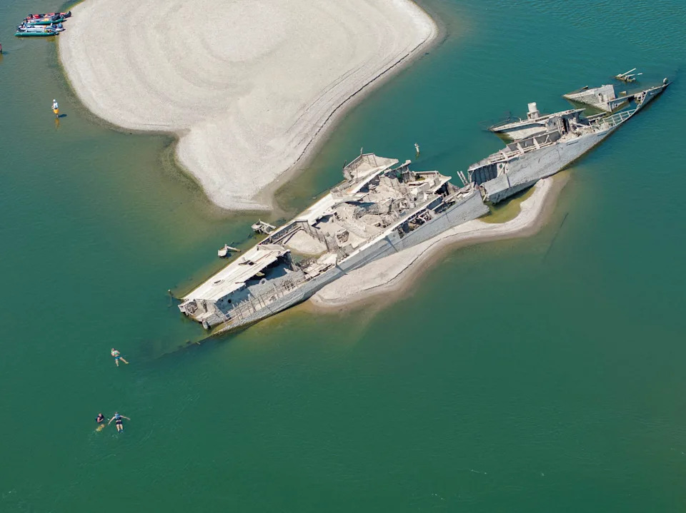 German warships exposed at the Danube's record lows during a historic drought.