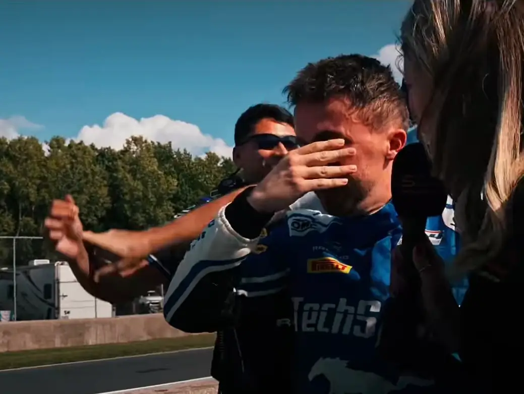 Frankie Muniz tears up in emotional interview after winning GT4 America race