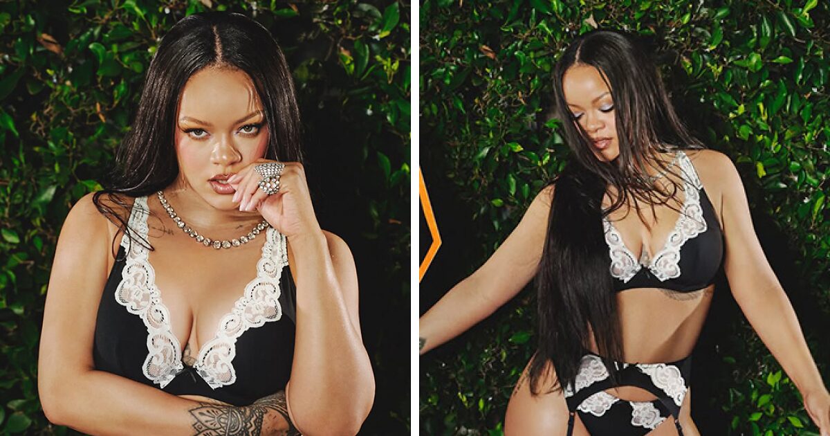 Rihanna posing in a black-and-white lace lingerie set as part of a Savage X Fenty campaign