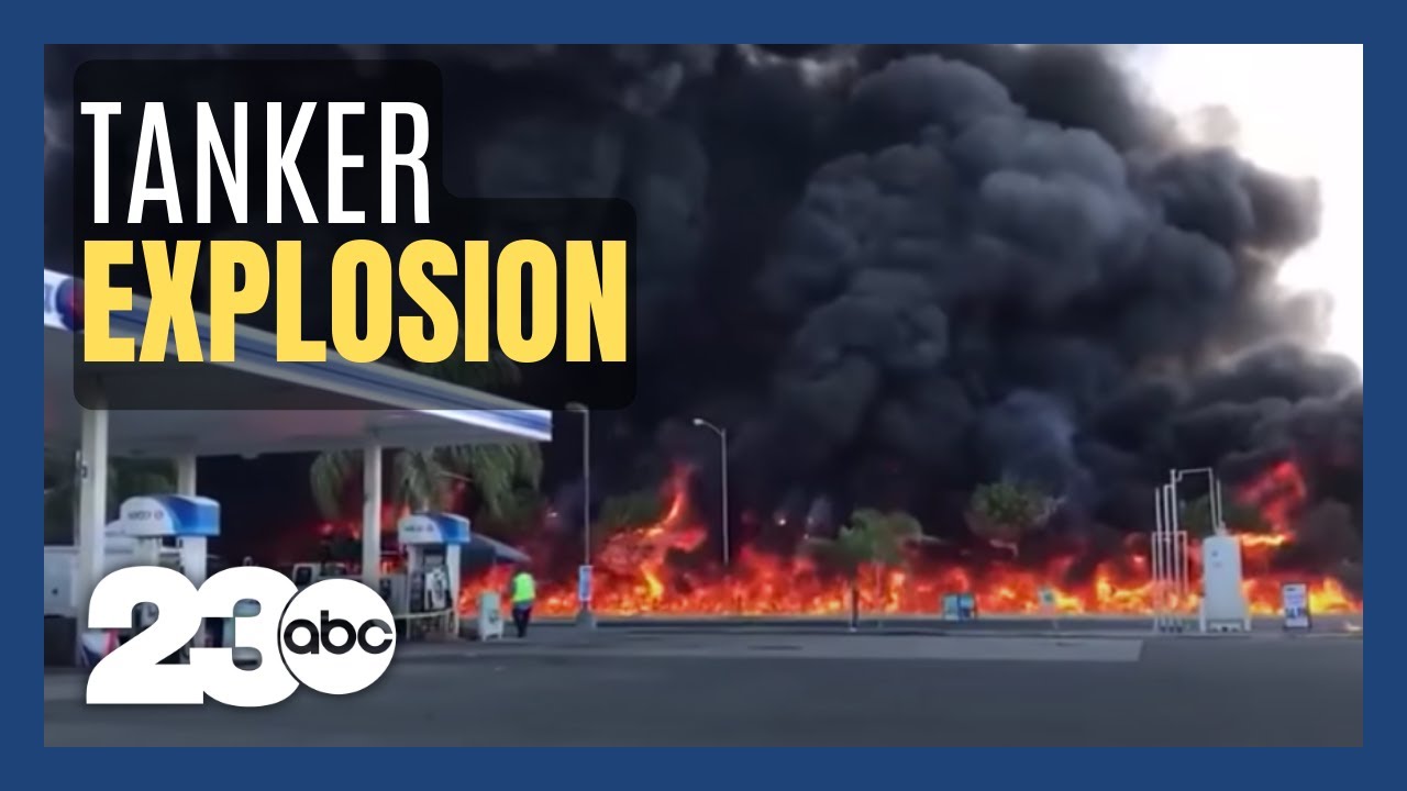 Massive explosion on California highway as tanker carrying 8,600 gallons of gas erupts into flames