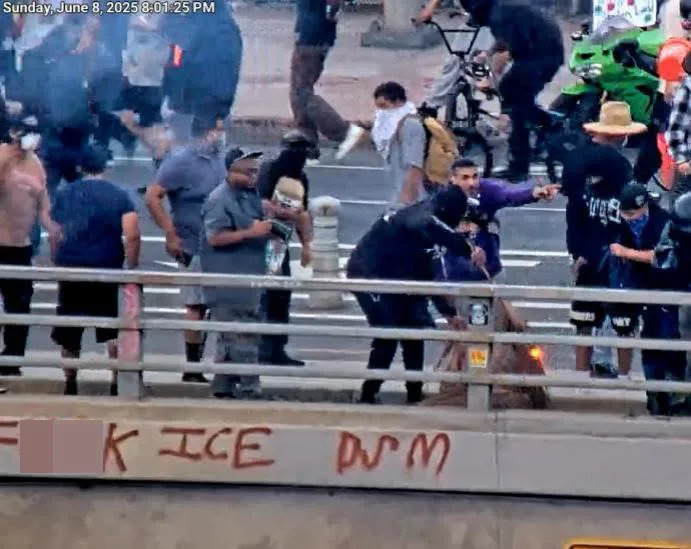 The Main Street overpass of the 101 Freeway in downtown Los Angeles where the attack on police vehicles occurred.