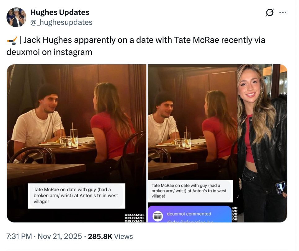 Tate McRae and hockey star Jack Hughes have officially called it quits