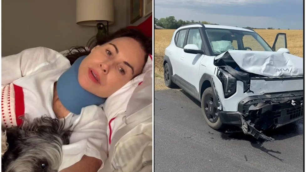 Minnie Driver wearing a neck brace while speaking to camera from bed