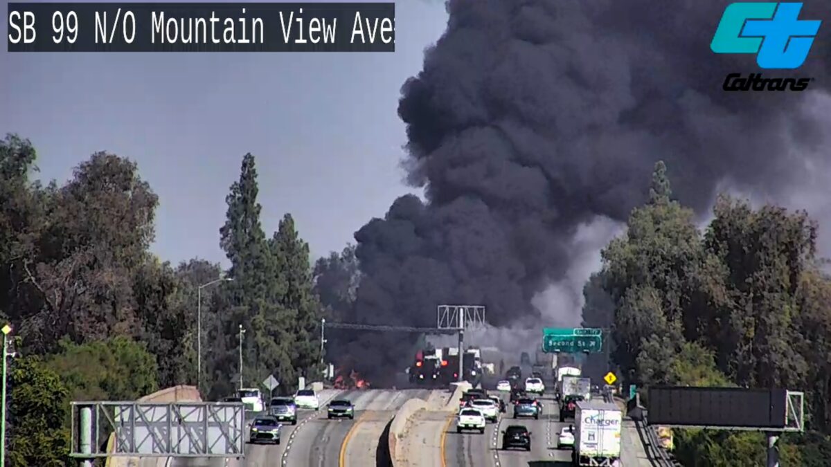 A gas tanker truck involved in an explosion on a California highway