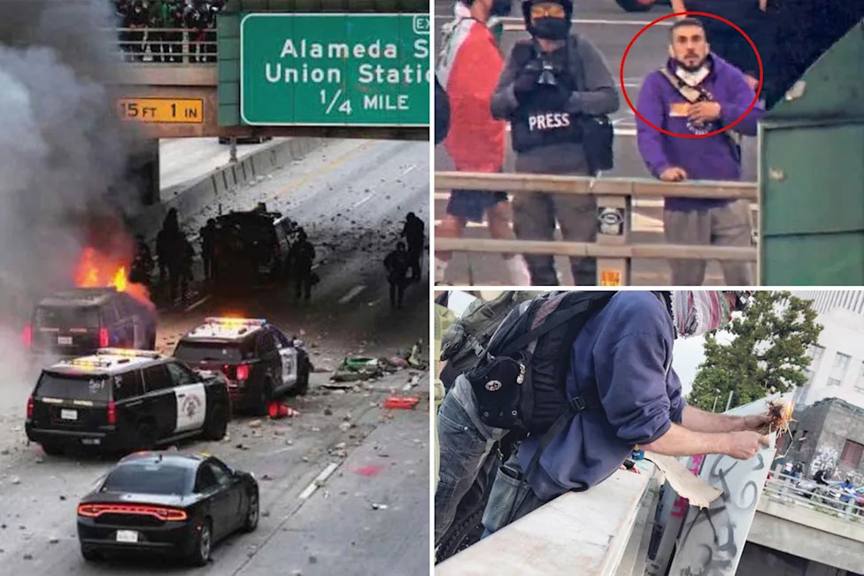 The burning California Highway Patrol vehicle on the 101 Freeway overpass during the June 2025 anti-ICE riot.