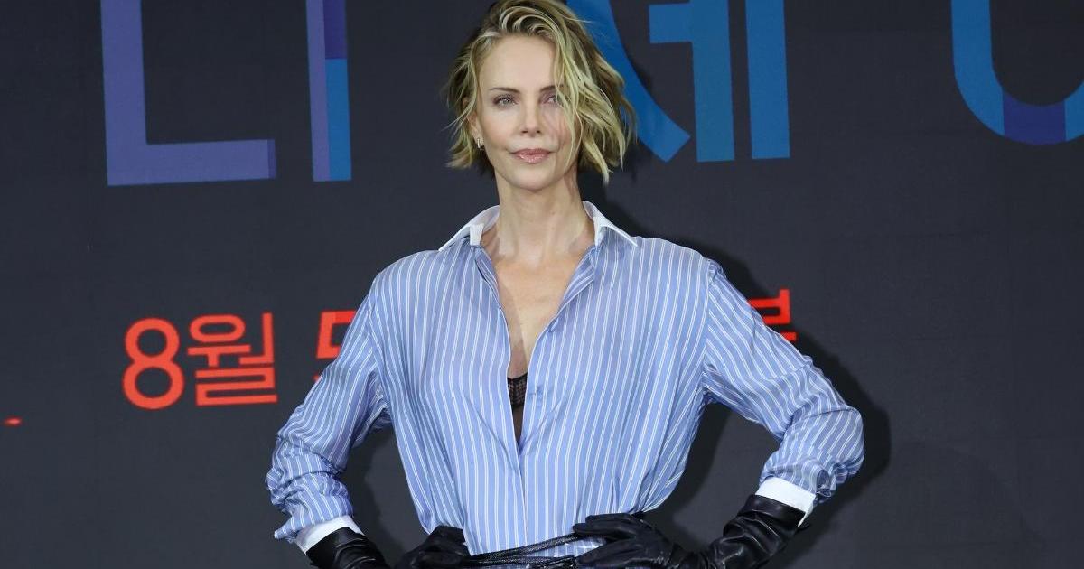 Charlize Theron's Instagram carousel post showing her Seoul press conference outfit.