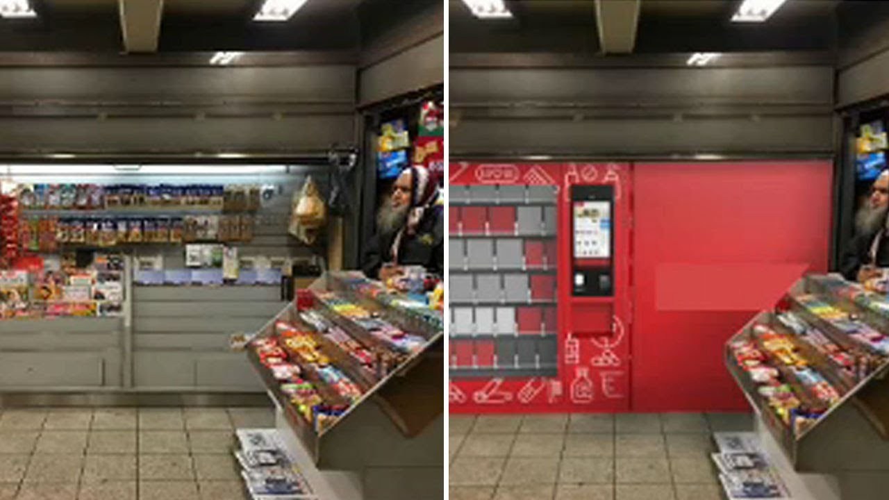 A vacant subway newsstand kiosk before vending machine installation