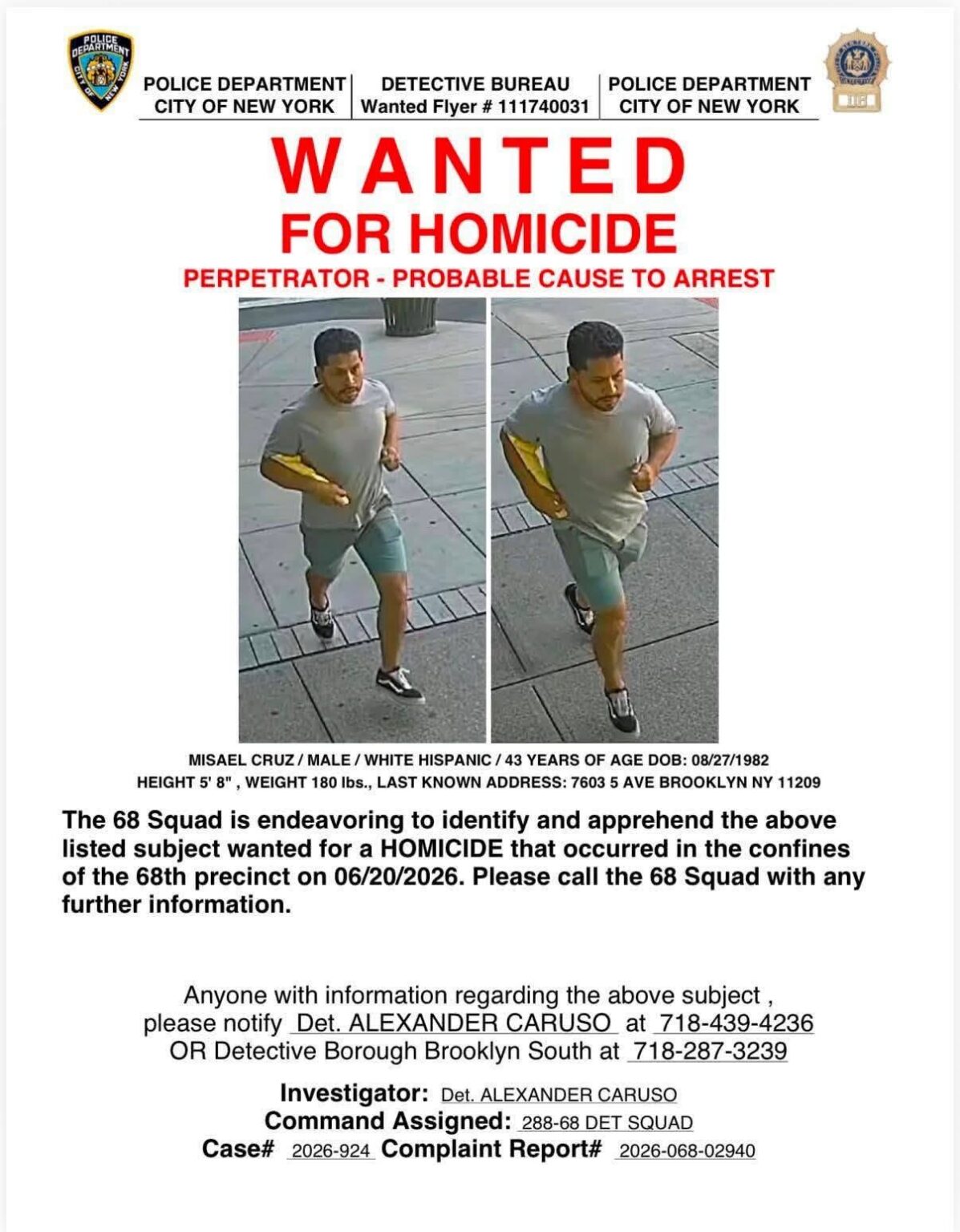 Misael Cruz, suspect wanted in connection to the murder of Maria Santos Flores