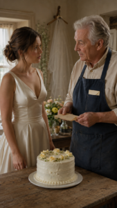 A bride looks at an older baker holding a receipt beside a small wedding cake.