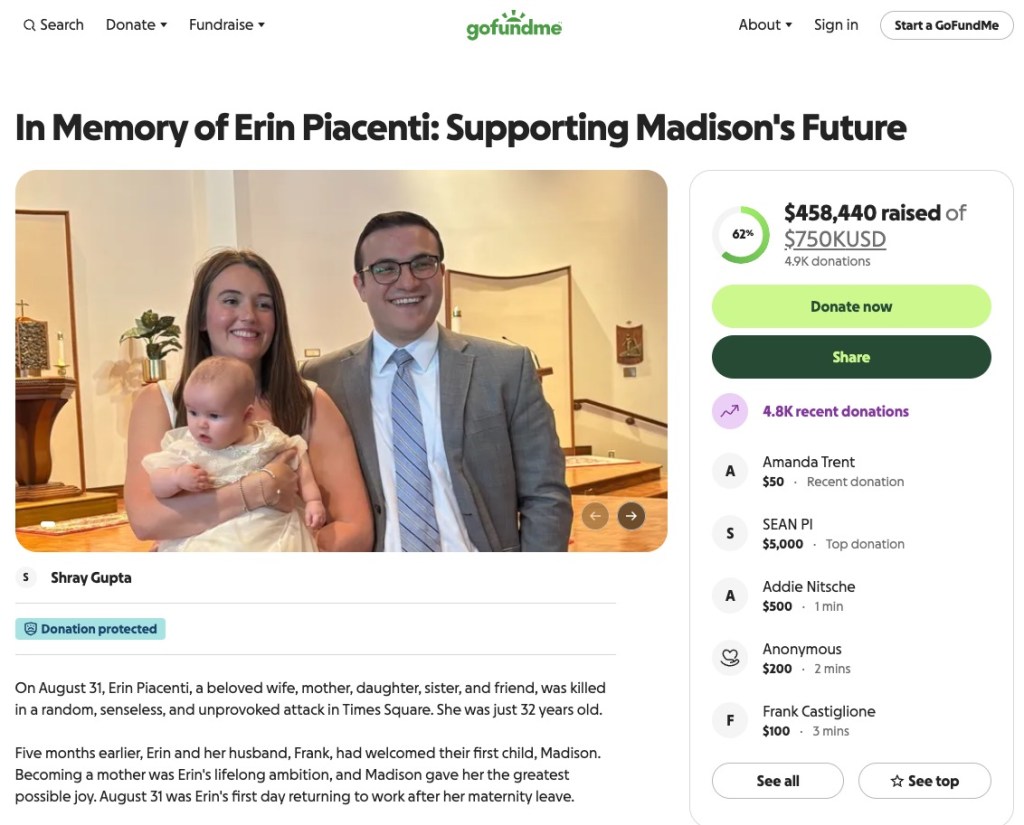 Fundraiser for Times Square stabbing victim Erin Piacenti’s infant daughter nears $500K