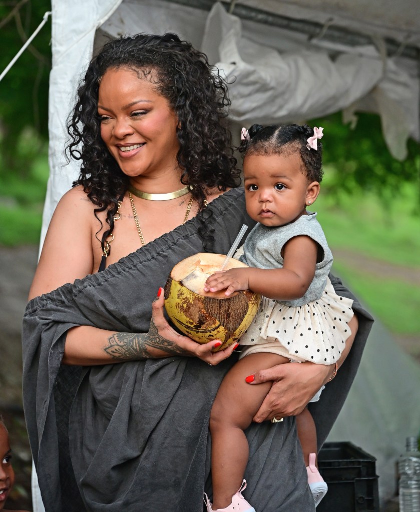 Rihanna and baby Rocki twin in matching pink Dior for tot’s 1st birthday party