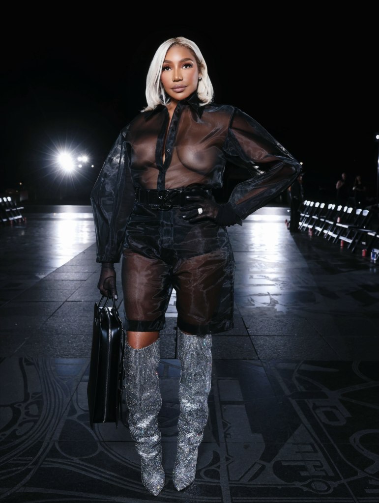 Nene Leakes makes a dramatic entrance in a see-through top and shorts at NYFW