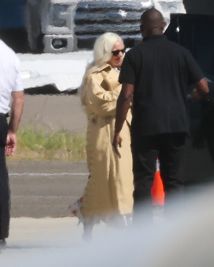 Glam Lady Gaga cradles her baby as she touches down in LA with fiancé Michael Polansky