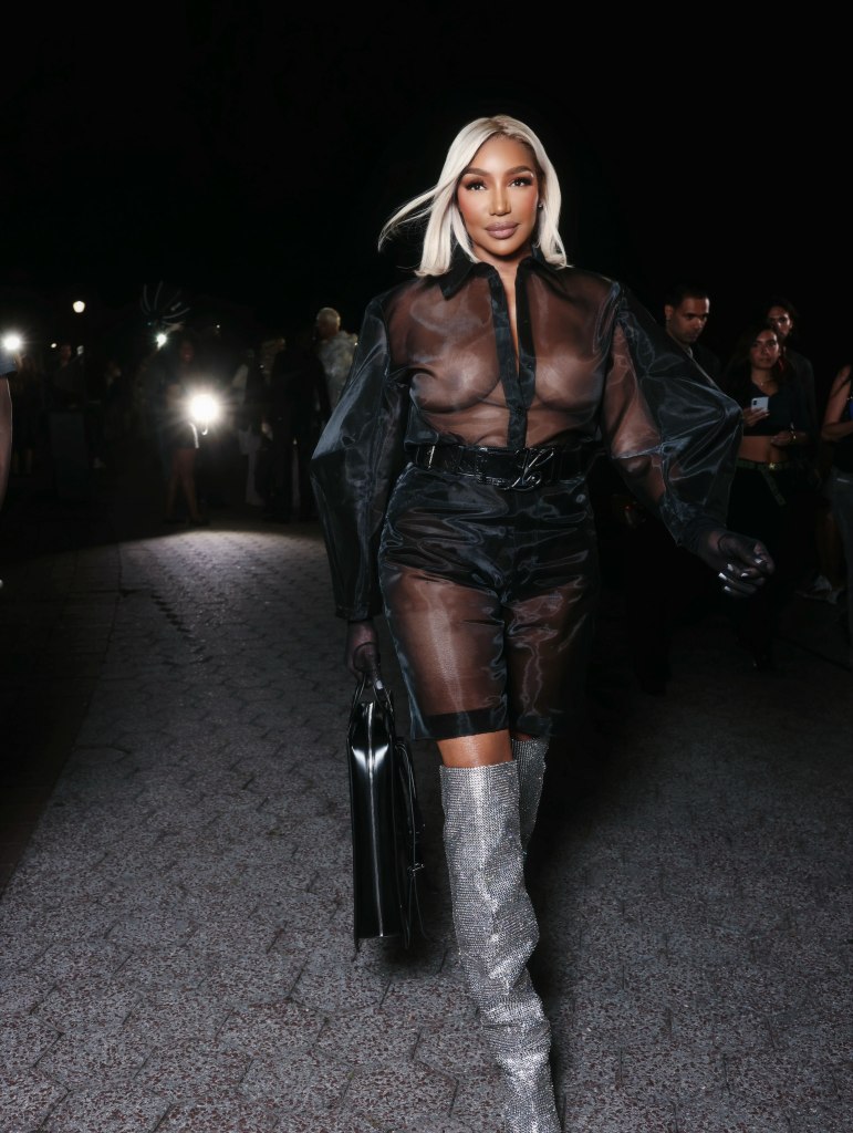 Nene Leakes makes a dramatic entrance in a see-through top and shorts at NYFW