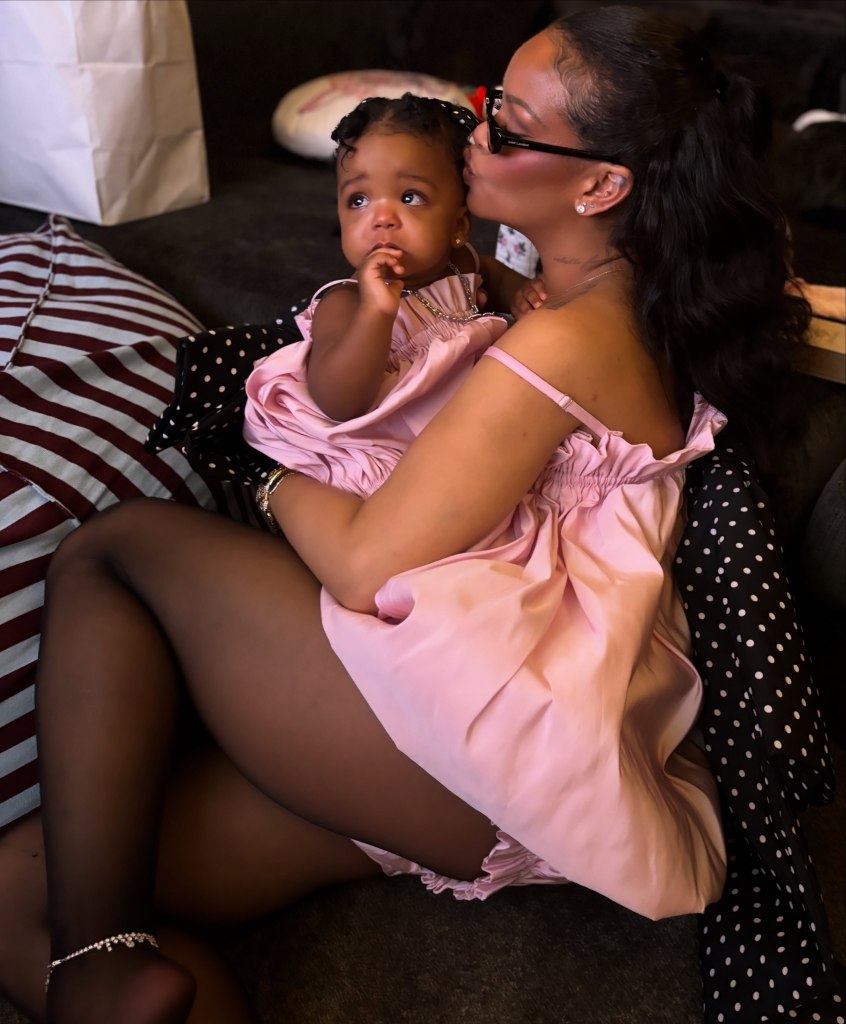 Rihanna and baby Rocki twin in matching pink Dior for tot’s 1st birthday party