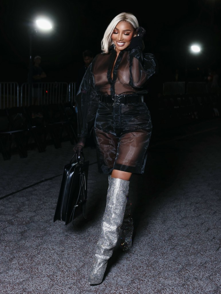 Nene Leakes makes a dramatic entrance in a see-through top and shorts at NYFW