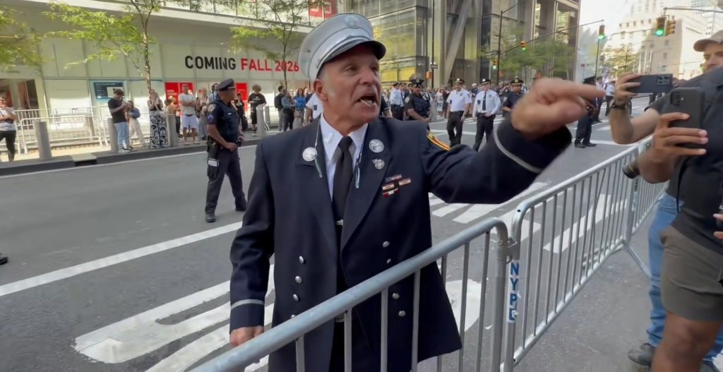 NY Firefighter goes viral after ripping into ‘anti-American’ protester wrapped in Palestinian flag near Ground Zero