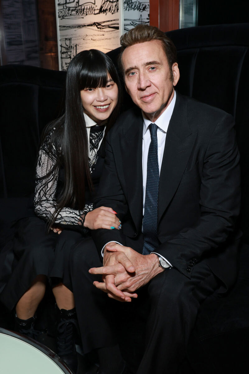 Barely recognizable Nicolas Cage, 62, sports gray beard in rare red carpet appearance with much-younger wife Riko Shibata, 31