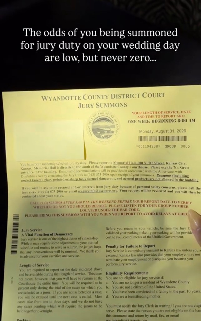 Kansas City bride goes viral after being summoned for jury duty on same day as wedding in Italy